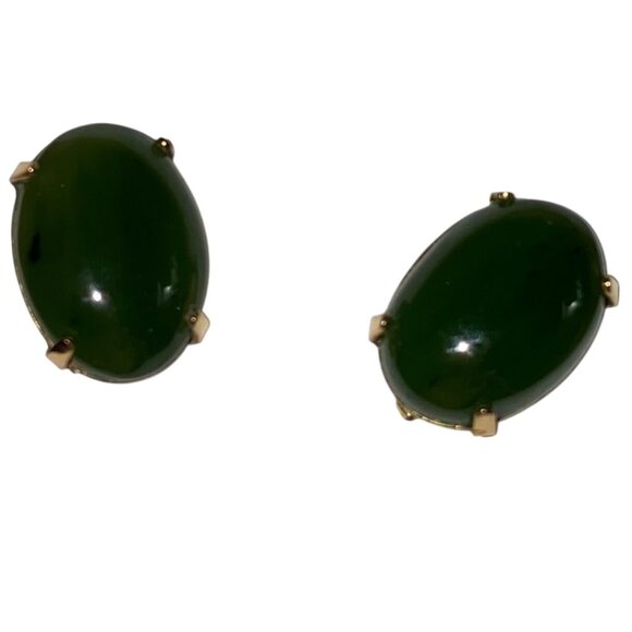 Vintage 12K Gold Filled Screw Back Jade Earrings Oval Cabochon Green Gemstone Cl - Picture 1 of 12
